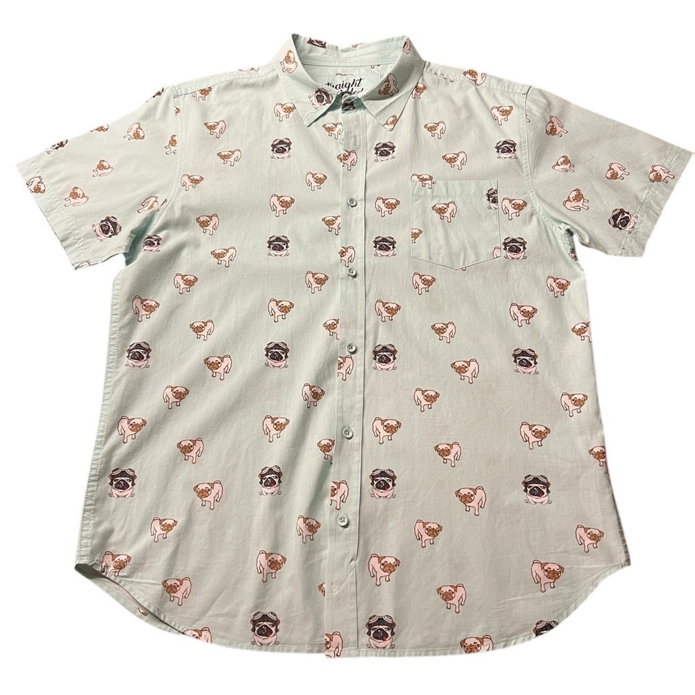 STRAIGHT FADED MEN’S PUG PATTERN SHORT SLEEVE BUTTON DOWN SHIRT SIZE LARGE